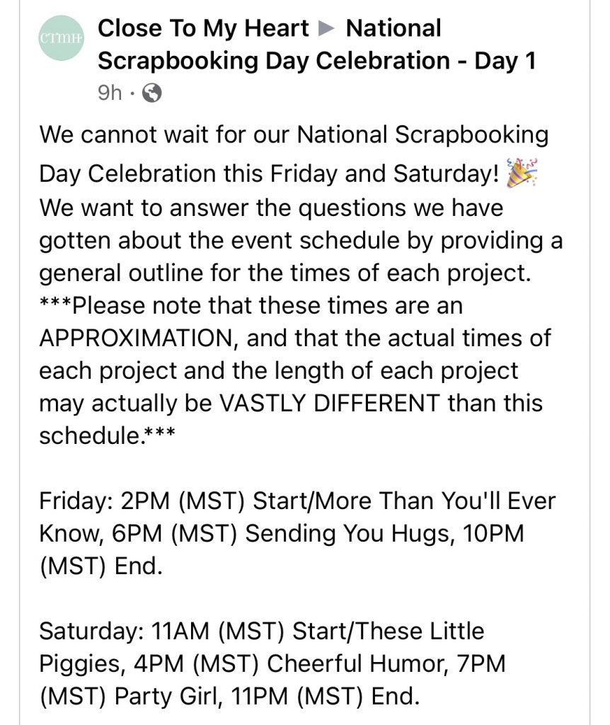 CTMH National Scrapbooking Day Celebration Schedule